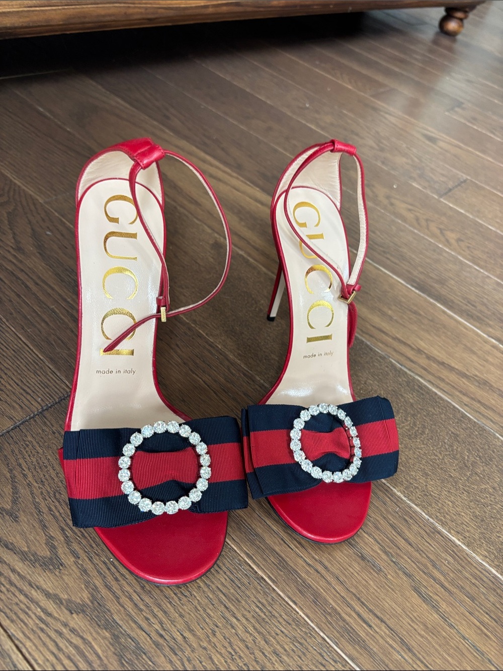Gucci Charlotte Red Leather Crystal Web Bow Ankle Strap heels - NEW